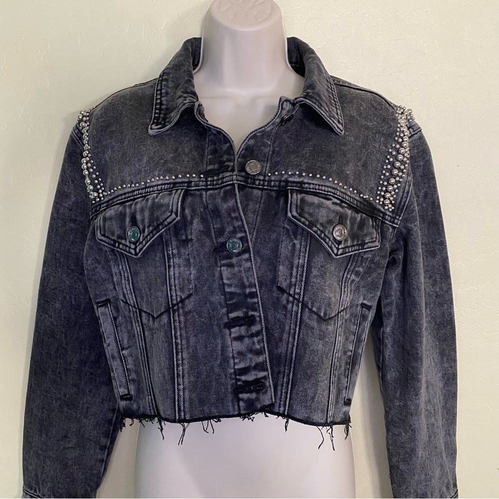 Forever 21 Premium Black Distressed Denim Studded Jacket Size S - Picture 12 of 16
